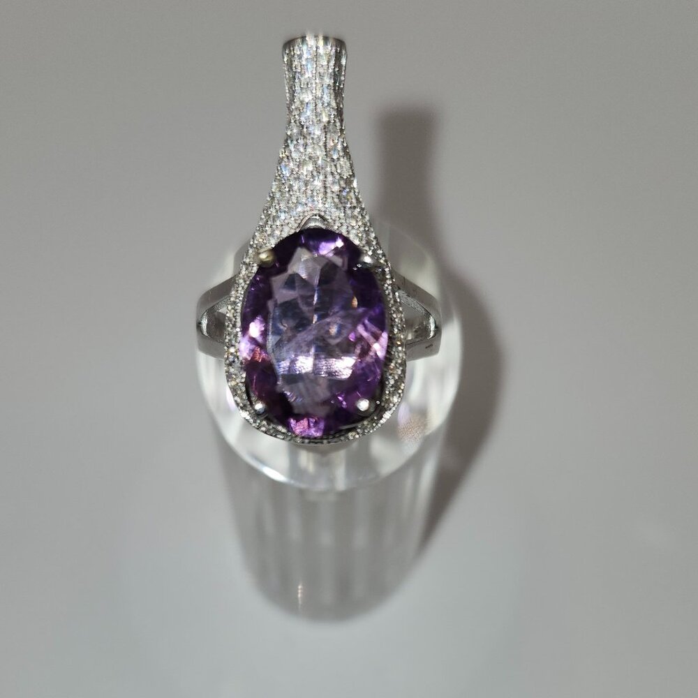 .925 Sterling Silver Amethyst Solitaire w/Cubic Zirconia Ring Size 9 Value $720